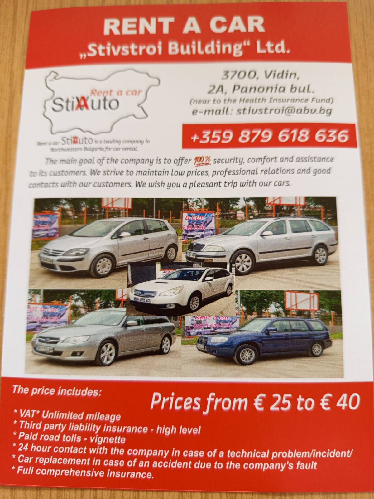 Rent a Car Vidin flyer — car rental prices and included services